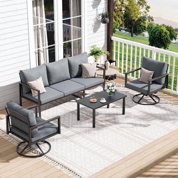 MRUAKA 4-Piece Outdoor Patio Conversation Set, Metal Frame Furniture Sofa with Armchairs & Coffee Table, Weather-Resistant Cushions for Balcony, Deck, Poolside Gray