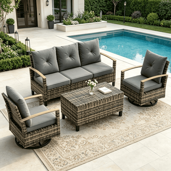 MRUAKA Outdoor Patio Furniture Sets, 5 Pieces Outdoor Conversation Set with Swivel Chairs, Wicker Rattan Outdoor Sectional Sofa Set with Storage Table, for Garden,Poolside,Backyard, Gray