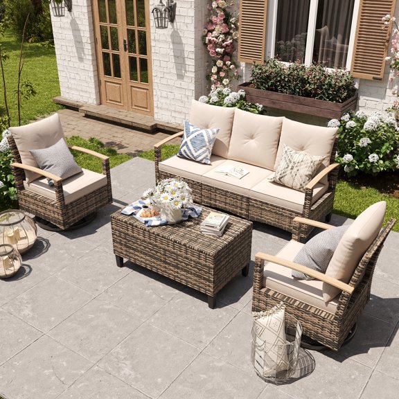 MRUAKA 4-Piece Outdoor Patio Furniture Wicker Conversation Set, All-Weather Rattan Outdoor Furniture Sectional Set with Swivel Chairs, for Garden,Poolside,Backyard, Yellow&Khaki
