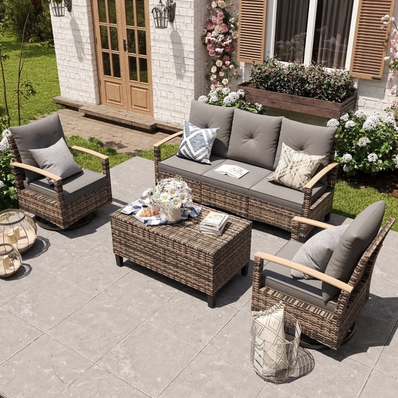 MRUAKA Outdoor Patio Furniture Sets, 5 Pieces Outdoor Conversation Set with Swivel Chairs, Wicker Rattan Outdoor Sectional Sofa Set with Storage Table, for Garden,Poolside,Backyard, Gray