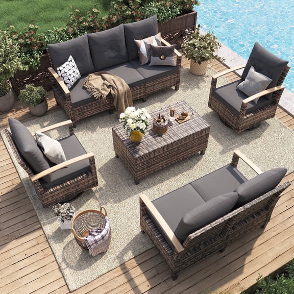 MRUAKA Outdoor Patio Furniture Sets, 7 Pieces Outdoor Conversation Set with Swivel Chairs, Wicker Rattan Outdoor Sectional Sofa Set with Storage Table, for Garden,Poolside,Backyard, Yellow&Gray