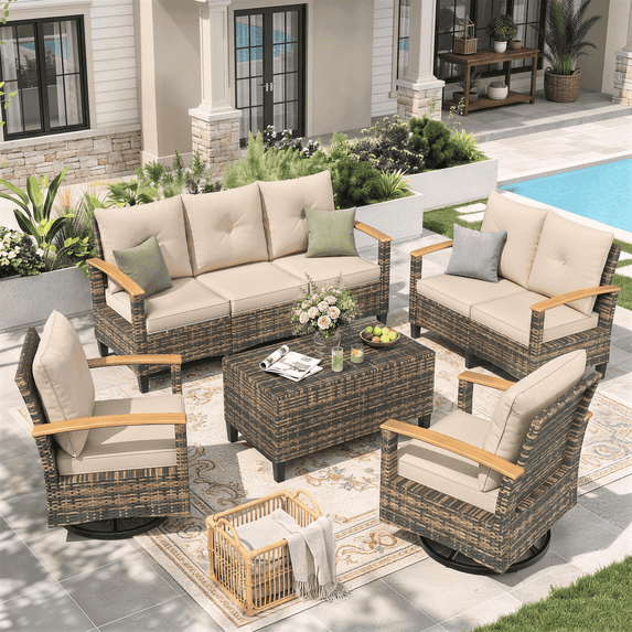 MRUAKA Outdoor Patio Furniture Sets, 7 Pieces Outdoor Conversation Set with Swivel Chairs, Wicker Rattan Outdoor Sectional Sofa Set with Storage Table, for Garden,Poolside,Backyard, Yellow&Khaki