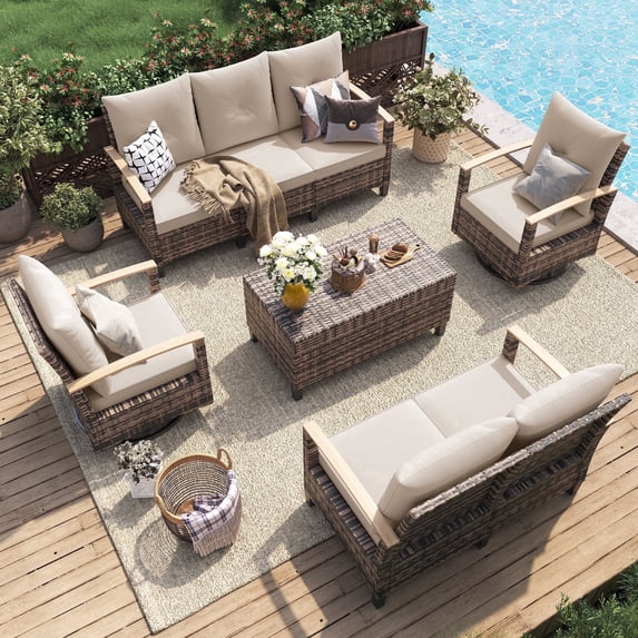 MRUAKA 5-Piece Outdoor Patio Furniture Wicker Conversation Set, All-Weather Rattan Outdoor Furniture Sectional Set with Swivel Chairs, for Garden,Poolside,Backyard, Yellow&Khaki