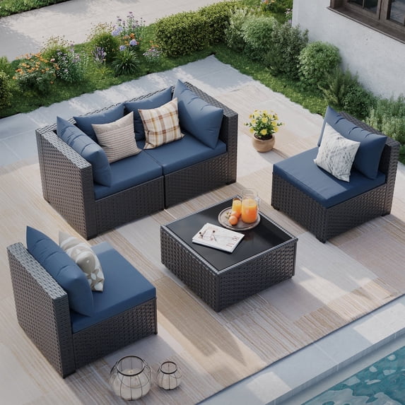 MRUAKA 5 Pieces Patio Conversation Set, Outdoor Sectional PE Rattan Wicker Furniture Seat,Blue