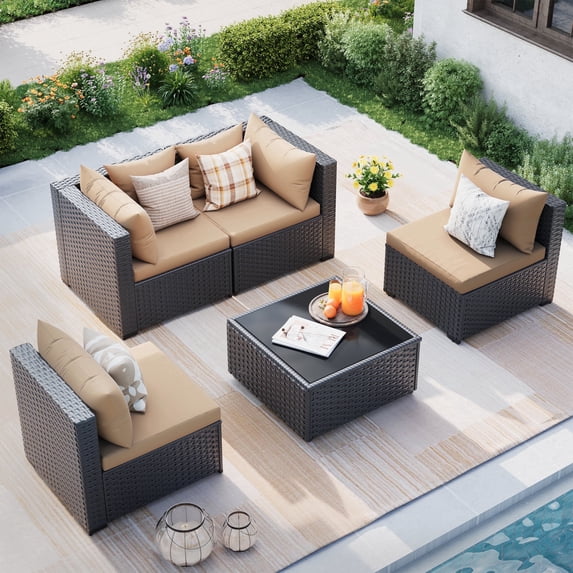 MRUAKA 5 Pieces Patio Conversation Set, Outdoor Sectional PE Rattan Wicker Furniture Seat,Khaki