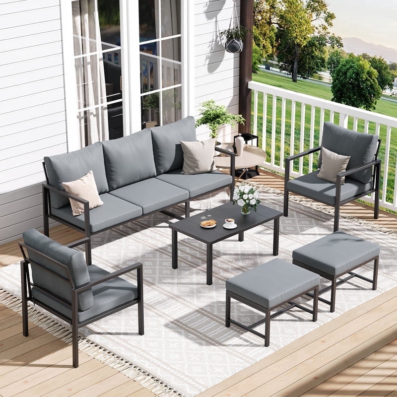 MRUAKA 6-Piece Outdoor Patio Conversation Set, Metal Frame Furniture Sofa with Armchairs & Coffee Table, Weather-Resistant Cushions for Balcony, Deck, Poolside Gray