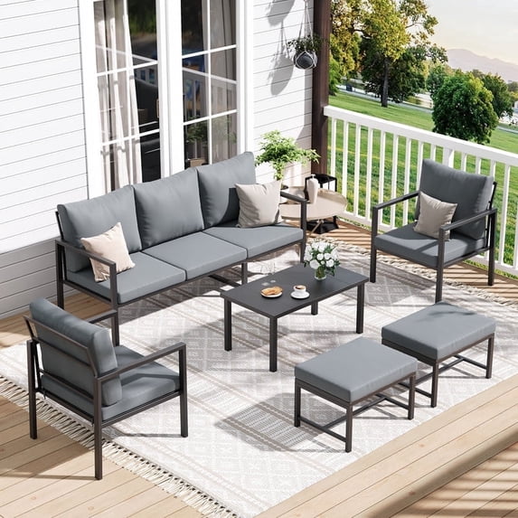 MRUAKA 6-Piece Outdoor Patio Conversation Set, Metal Frame Furniture Sofa with Armchairs & Coffee Table, Weather-Resistant Cushions for Balcony, Deck, Poolside Gray