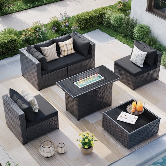 MRUAKA 6 Pieces Patio Conversation Set With Firepit, Outdoor Sectional PE Rattan Wicker Furniture Seat,BLACK