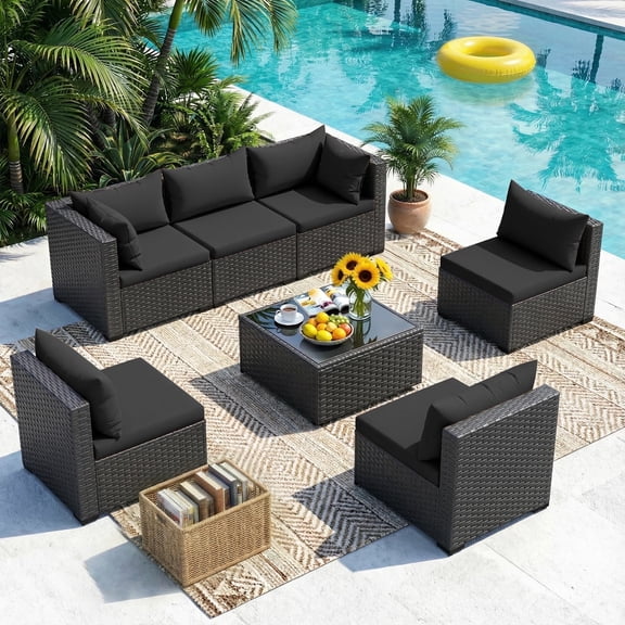 MRUAKA 7 Pieces Patio Conversation Set, Outdoor Sectional PE Rattan Wicker Furniture Seat,BLACK
