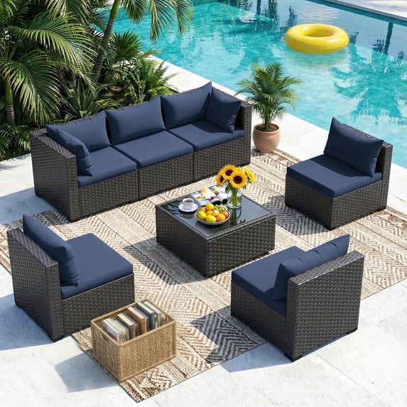 MRUAKA 7 Pieces Patio Conversation Set, Outdoor Sectional PE Rattan Wicker Furniture Seat,Blue