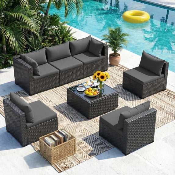 MRUAKA 7 Pieces Patio Conversation Set, Outdoor Sectional PE Rattan Wicker Furniture Seat,Gray
