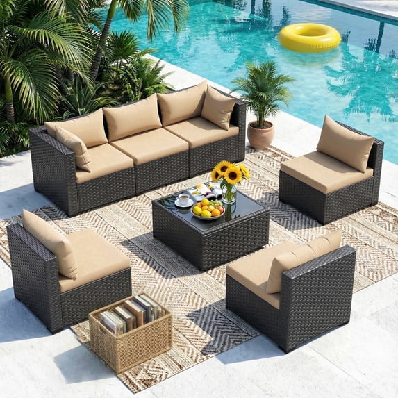 MRUAKA 7 Pieces Patio Conversation Set, Outdoor Sectional PE Rattan Wicker Furniture Seat,Khaki