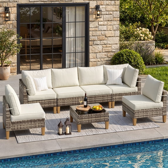MRUAKA 7 Pieces Wicker Outdoor Patio Furniture Set, All Weather Yellow PE Rattan Sectional Conversation Sofa Set for Backyard,Pool,Beige