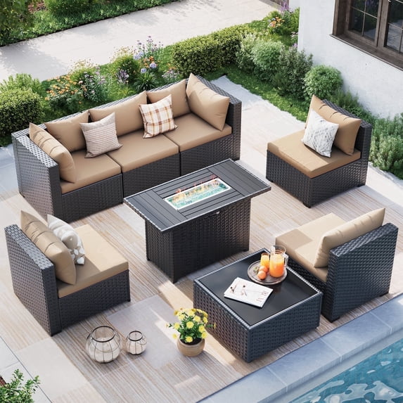 MRUAKA 8 Pieces Patio Conversation Set With Firepit, Outdoor Sectional PE Rattan Wicker Furniture Seat,Khaki