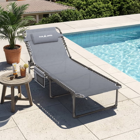 MRUAKA Outdoor Folding Chaise Lounge Chair , Heavy-Duty Portable Sun Lounger with 4 Adjustable Positions & Removable Pillow, Patio Beach Chair for Backyard, Poolside, Camping, Light Grey