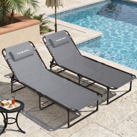 MRUAKA Outdoor Folding Chaise Lounge Chair, Heavy-Duty Portable Sun Lounger with Removable Pillow, Patio Beach Chair for Backyard, Poolside, Camping, Set of 2, Light Grey
