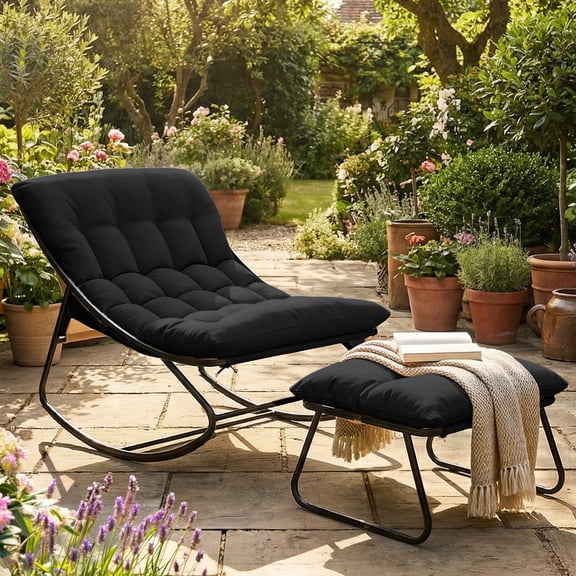 MRUAKA Outdoor Papasan Rocking Chair, Oversized Cushioned Lounge Chair with Ottoman and Sturdy Metal Frame, Patio Egg Rocker chair for Balcony Backyard Porch Bedroom, Black