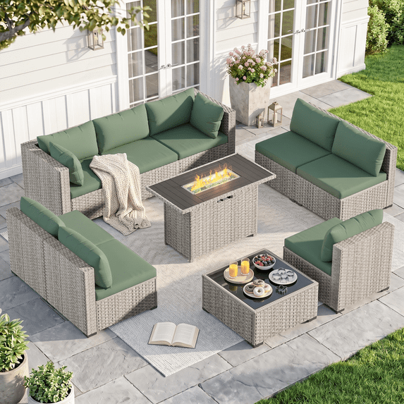 MRUAKA Outdoor Patio Furniture Set, 10-Piece Modular Sectional Sofa With Gas stove, PE Wicker Outdoor Conversation Set for Patio, Garden, Backyard,Green