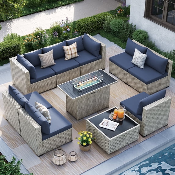 MRUAKA Outdoor Patio Furniture Set, 10-Piece Modular Sectional Sofa With Tea Table、Gas stove table and Free Cushion, PE Wicker Outdoor Conversation Set for Patio, Garden, Backyard,Navy
