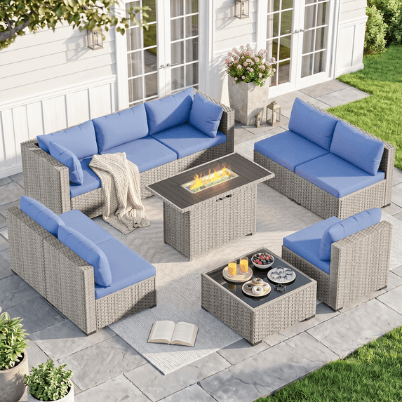 MRUAKA Outdoor Patio Furniture Set, 10-Piece Modular Sectional Sofa With Tea Table、Gas stove table and Free Cushion, PE Wicker Outdoor Conversation Set for Patio, Garden, Backyard,Haze Blue
