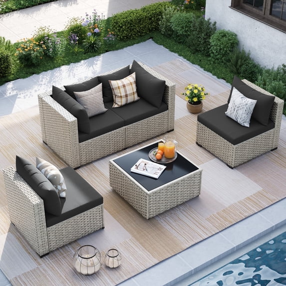 MRUAKA Outdoor Patio Furniture Set, 5-Piece Modular Sectional Sofa With Tea Table and Free Cushion, PE Wicker Outdoor Conversation Set for Patio, Garden, Backyard, Black