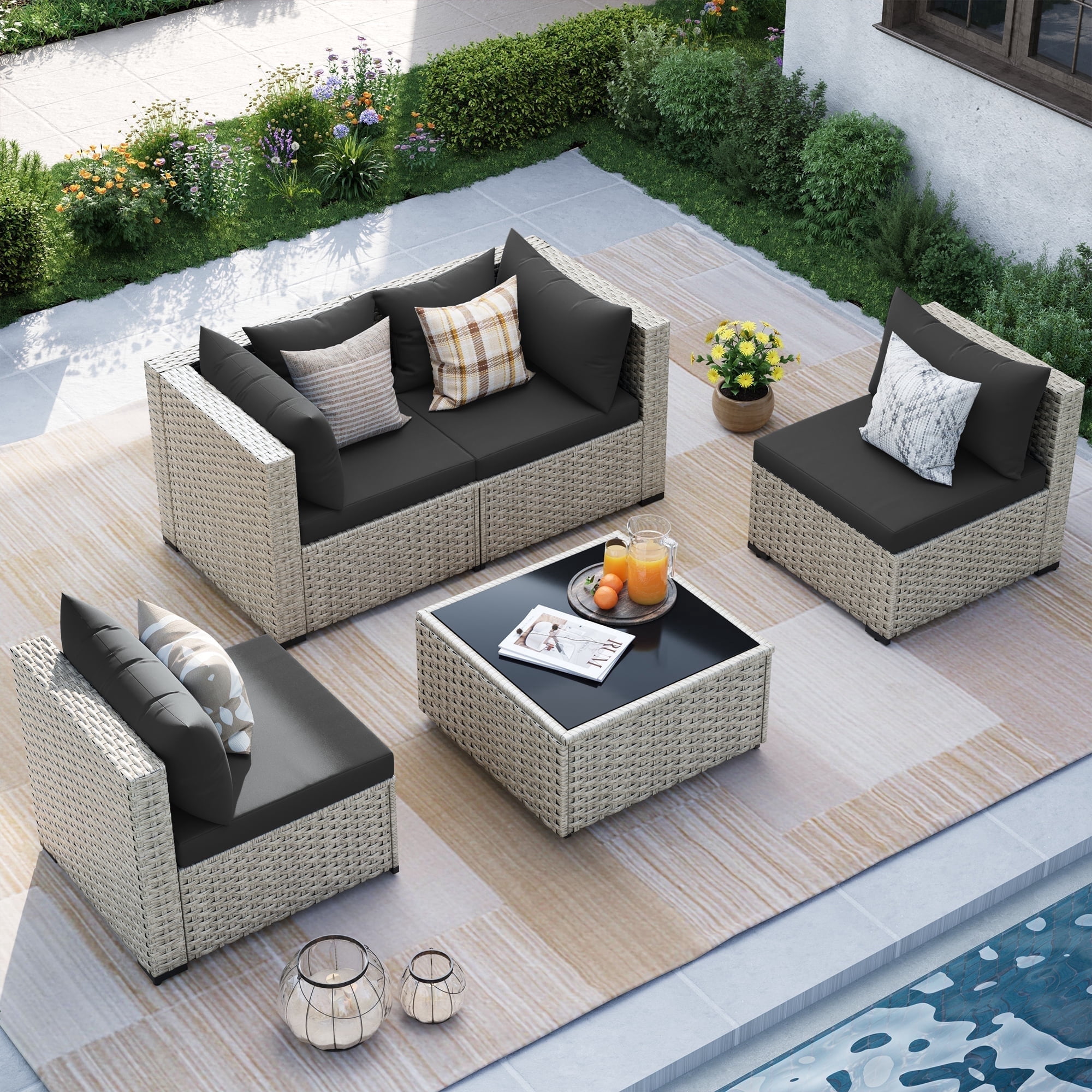 MRUAKA Outdoor Patio Furniture Set, 5-Piece Modular Sectional Sofa With Tea Table and Free Cushion, PE Wicker Outdoor Conversation Set for Patio, Garden, Backyard, Black