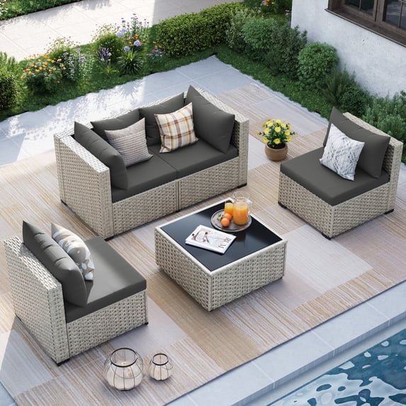 MRUAKA Outdoor Patio Furniture Set, 5-Piece Modular Sectional Sofa With Tea Table and Free Cushion, PE Wicker Outdoor Conversation Set for Patio, Garden, Backyard,Gray