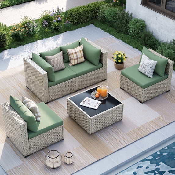 MRUAKA Outdoor Patio Furniture Set, 5-Piece Modular Sectional Sofa With Tea Table and Free Cushion, PE Wicker Outdoor Conversation Set for Patio, Garden, Backyard,Green