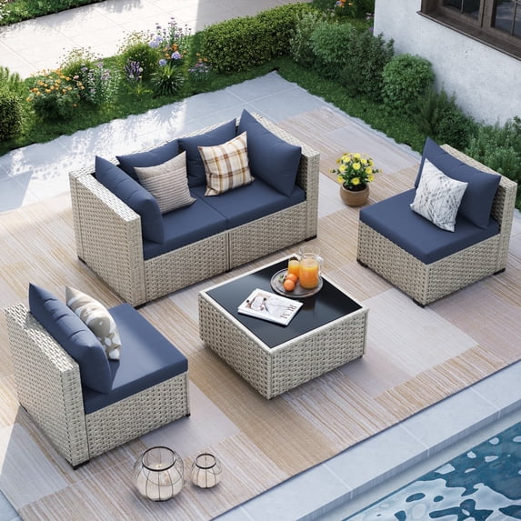 MRUAKA Outdoor Patio Furniture Set, 5-Piece Modular Sectional Sofa With Tea Table and Free Cushion, PE Wicker Outdoor Conversation Set for Patio, Garden, Backyard,Navy