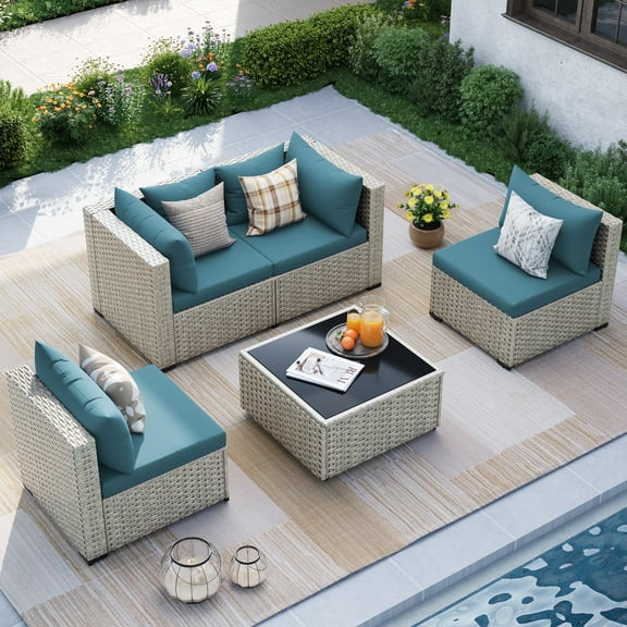 MRUAKA Outdoor Patio Furniture Set, 5-Piece Modular Sectional Sofa With Tea Table and Free Cushion, PE Wicker Outdoor Conversation Set for Patio, Garden, Backyard,Peacock Blue