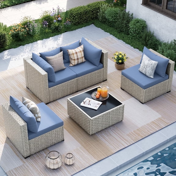 MRUAKA Outdoor Patio Furniture Set, 5-Piece Modular Sectional Sofa With Tea Table table and Free Cushion, PE Wicker Outdoor Conversation Set for Patio, Garden, Backyard,Haze Blue