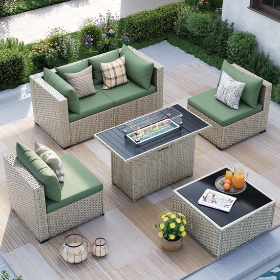 MRUAKA Outdoor Patio Furniture Set, 6-Piece Modular Sectional Sofa With Tea Table、Gas stove table and Free Cushion, PE Wicker Outdoor Conversation Set for Patio, Garden, Backyard,Green