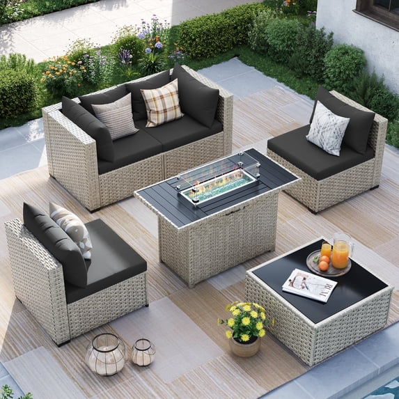 MRUAKA Outdoor Patio Furniture Set, 6-Piece Modular Sectional Sofa With Tea Table、Gas stove table and Free Cushion, PE Wicker Outdoor Conversation Set for Patio, Garden, Backyard,Black