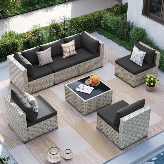 MRUAKA Outdoor Patio Furniture Set, 7-Piece Modular Sectional Sofa With Tea Table and Free Cushion, PE Wicker Outdoor Conversation Set for Patio, Garden, Backyard,Black