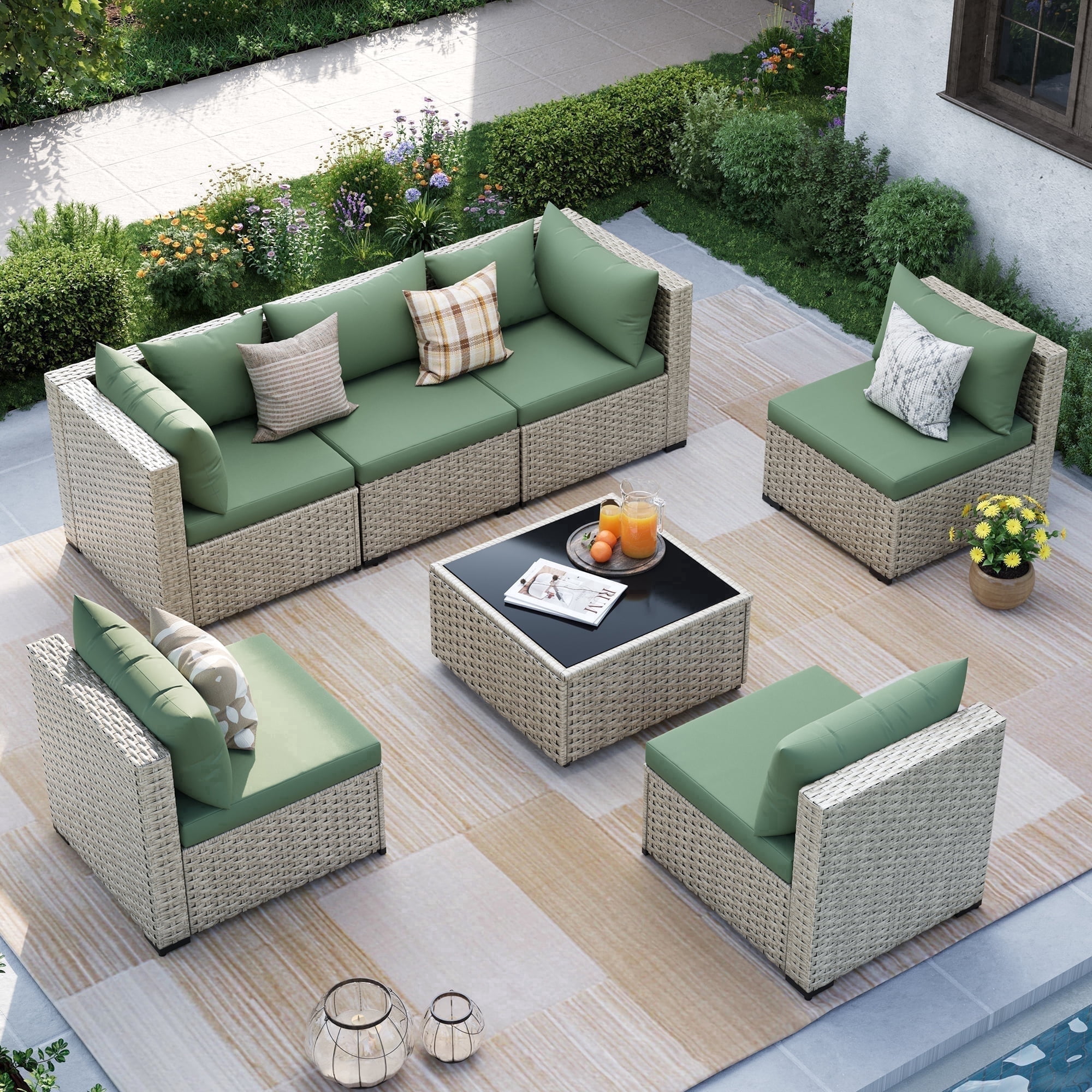 MRUAKA Outdoor Patio Furniture Set, 7-Piece Modular Sectional Sofa With Tea Table and Free Cushion, PE Wicker Outdoor Conversation Set for Patio, Garden, Backyard,Green