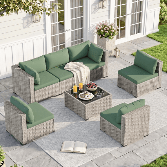 MRUAKA Outdoor Patio Furniture Set, 7-Piece Modular Sectional Sofa With Tea Table and Free Cushion, PE Wicker Outdoor Conversation Set for Patio, Garden, Backyard,Green