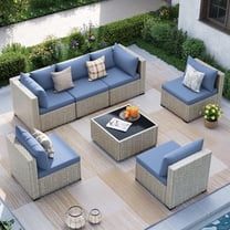 MRUAKA Outdoor Patio Furniture Set, 7-Piece Modular Sectional Sofa With Tea Table and Free Cushion, PE Wicker Outdoor Conversation Set for Patio, Garden, Backyard,Haze Blue