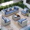 thumbnail image 1 of MRUAKA Outdoor Patio Furniture Set, 7-Piece Modular Sectional Sofa With Tea Table and Free Cushion, PE Wicker Outdoor Conversation Set for Patio, Garden, Backyard,Haze Blue, 1 of 7