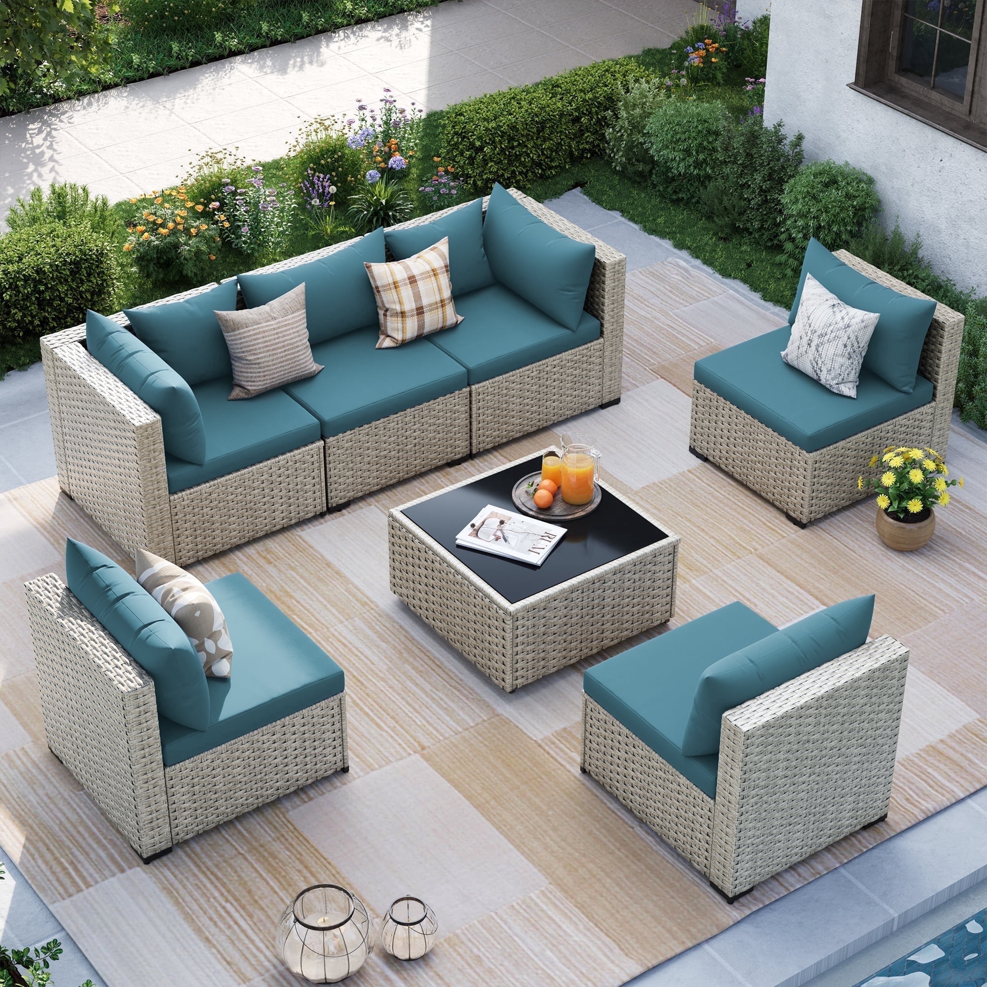 MRUAKA Outdoor Patio Furniture Set, 7-Piece Modular Sectional Sofa With ...