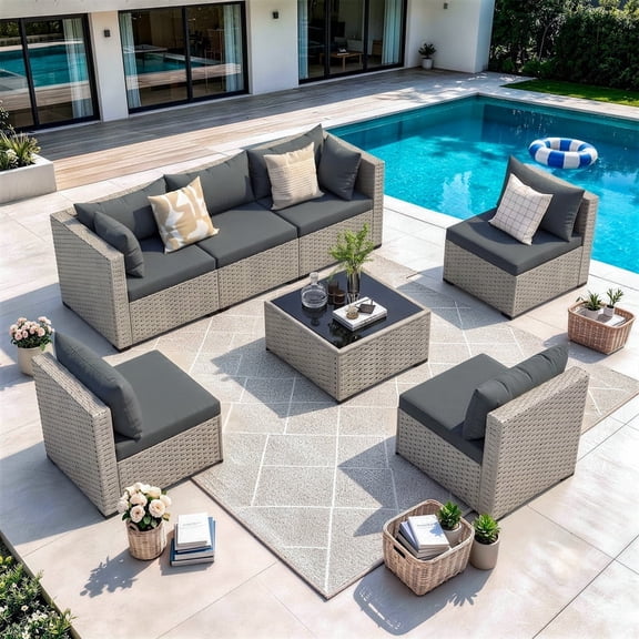 MRUAKA Outdoor Patio Furniture Set, 7-Piece Modular Sectional Sofa With Table, PE Wicker Outdoor Conversation Set for Patio, Garden,Gray