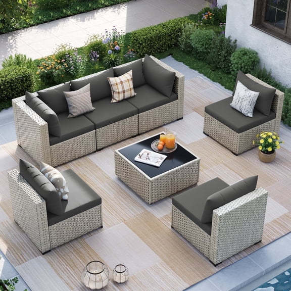 MRUAKA Outdoor Patio Furniture Set, 7-Piece Modular Sectional Sofa With Table, PE Wicker Outdoor Conversation Set for Patio, Garden,Gray