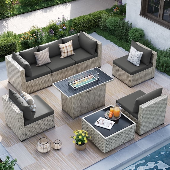 MRUAKA Outdoor Patio Furniture Set, 8-Piece Modular Sectional Sofa With Tea Table、Gas stove table and Free Cushion, PE Wicker Outdoor Conversation Set for Patio, Garden, Backyard,gray