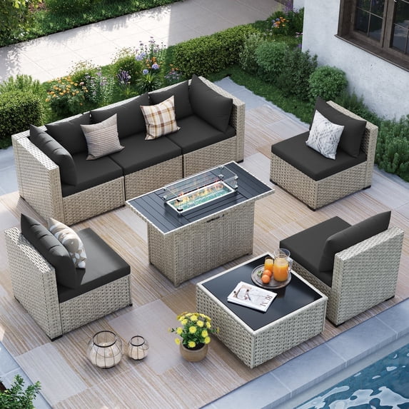 MRUAKA Outdoor Patio Furniture Set, 8-Piece Modular Sectional Sofa With Tea Table、Gas stove table and Free Cushion, PE Wicker Outdoor Conversation Set for Patio, Garden, Backyard,black