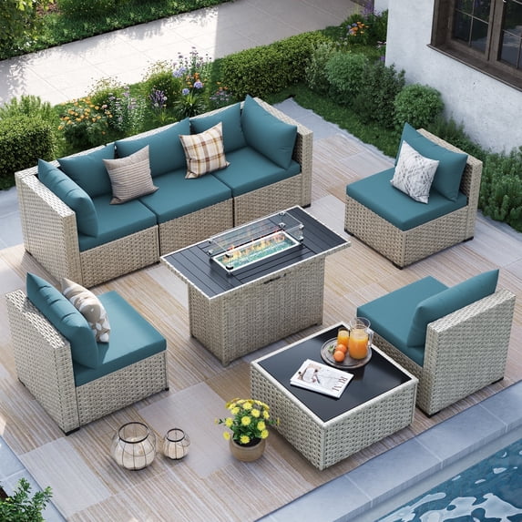 MRUAKA Outdoor Patio Furniture Set, 8-Piece Modular Sectional Sofa With Tea Table、Gas stove table and Free Cushion, PE Wicker Outdoor Conversation Set for Patio, Garden, Backyard,Peacock Blue