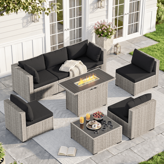 MRUAKA Outdoor Patio Furniture Set, 8-Piece Modular Sectional Sofa With Tea Table、Gas stove table and Free Cushion, PE Wicker Outdoor Conversation Set for Patio, Garden, Backyard,black