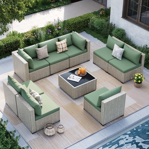 MRUAKA Outdoor Patio Furniture Set, 9-Piece Modular Sectional Sofa,PE Wicker Outdoor Conversation Set for Patio, Garden, Backyard,Green
