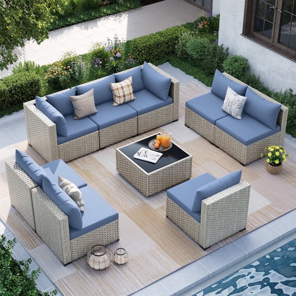 MRUAKA Outdoor Patio Furniture Set, 9-Piece Modular Sectional Sofa,PE Wicker Outdoor Conversation Set for Patio, Garden, Backyard,Haze Blue