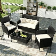 MRUAKA Patio Furniture Set 4 Pieces Porch Furniture Outdoor Modular Wicker Patio Sectional Conversation Furniture Set for Backyard,Porch,Garden,Poolside and Balcony(Black-Cream)