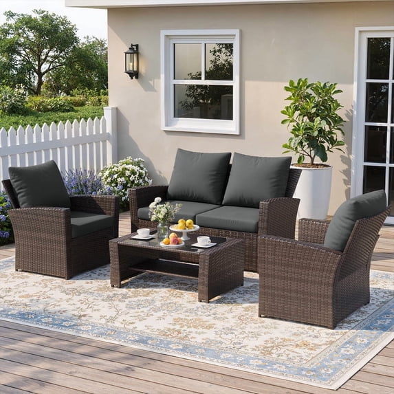 MRUAKA Wicker Patio Furniture Set, 4 Piece Outdoor Sectional Conversation Sets, Brown PE Rattan Patio Sofa Set for Backyard, Balcony, Deck, Porch