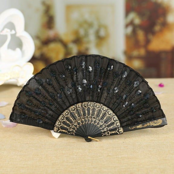 MRULIC Fans Best Chinese Style Dance Wedding Party Lace Silk Folding Hand Held Flower Fan   Black